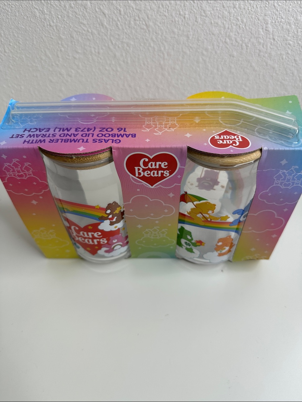 Care Bears Rainbow Glass Tumbler Set with Pastel Cloud Artwork